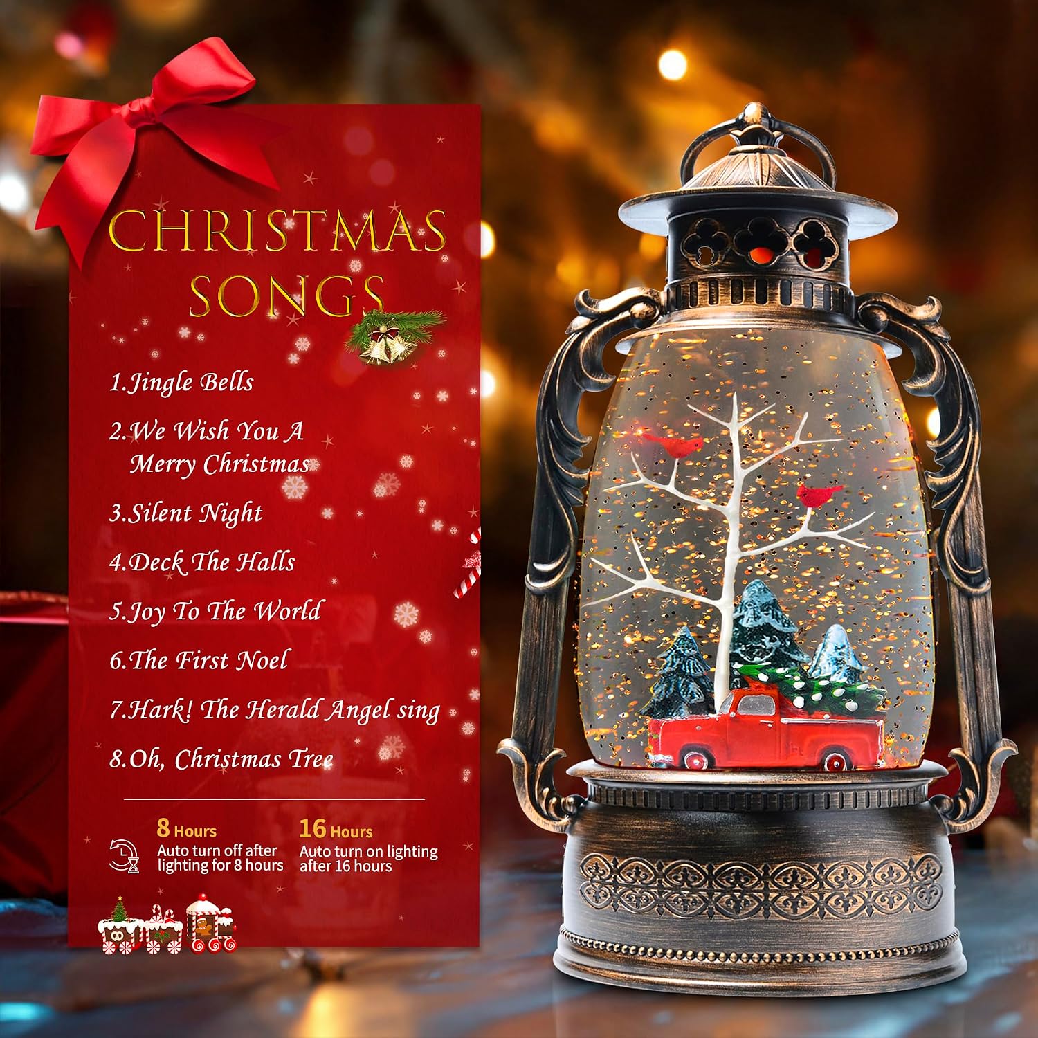 Large Christmas Snow Globes, 13.8" Cardinal Musical Snow Globe 8 Songs 6H Timer Music Box Dual Power Snowglobes for Kids Adults Red Truck Christmas Lantern Lighted Christmas Decor Indoor Gifts