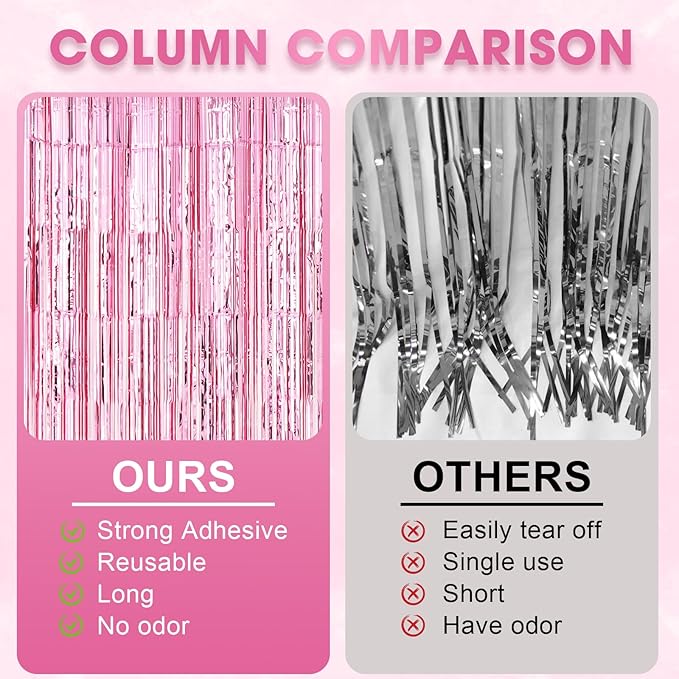 2 Pack Light Pink Foil Fringe Backdrop Curtains, Tinsel Streamers Birthday Party Decorations, Fringe Backdrop for Graduation, Baby Shower, Gender Reveal, Disco Party