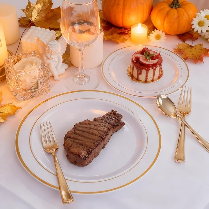350 Pieces White and Gold Plastic Plates - 50 Guest Thanksgiving Dinnerware Set Include 100 Plates, 50 Plastic Silverware, 50 Napkins and 50 Cups for Thanksgiving