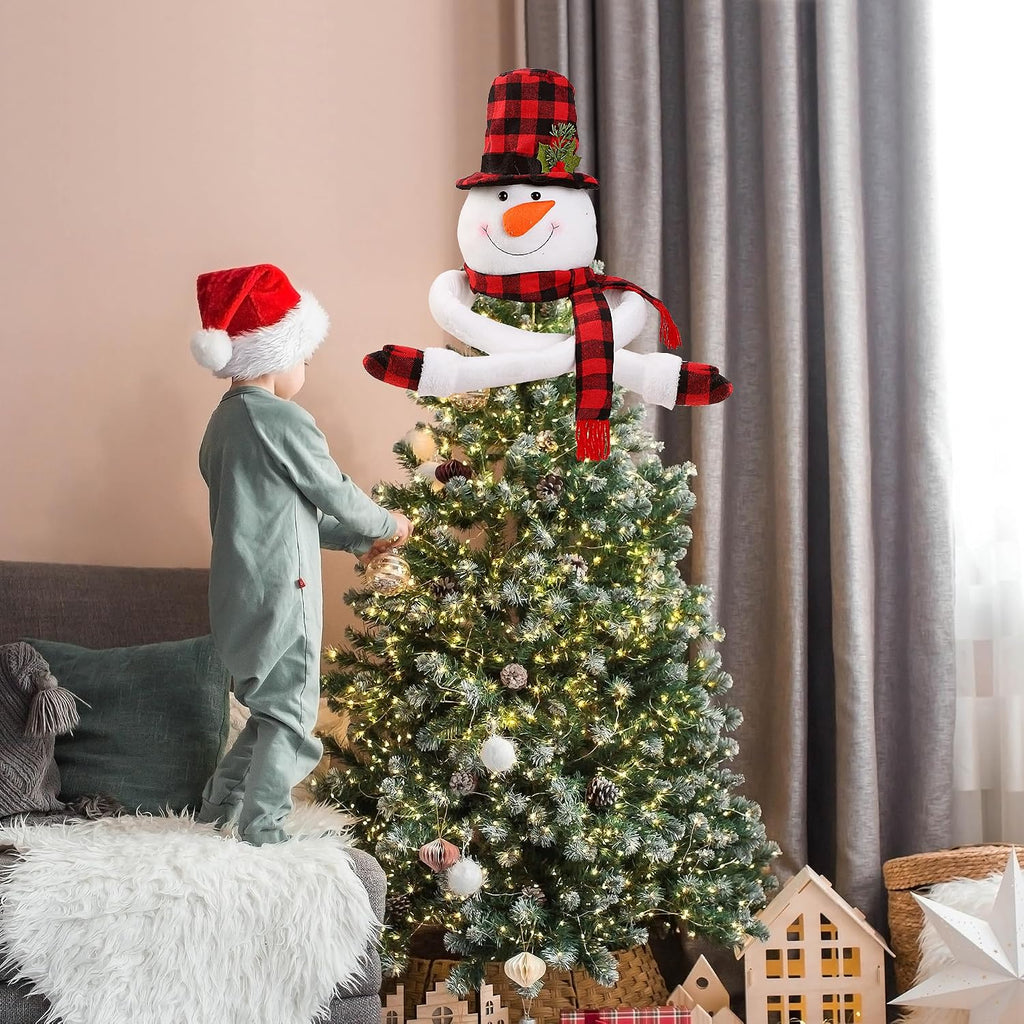 Christmas Snowman Tree Topper Unique Christmas Decoration Large Plush Funny Christmas Tree Topper with Buffalo Plaid Hat Scarf Treetop Hugger Ornament for Home Holiday Winter Party Xmas Decor