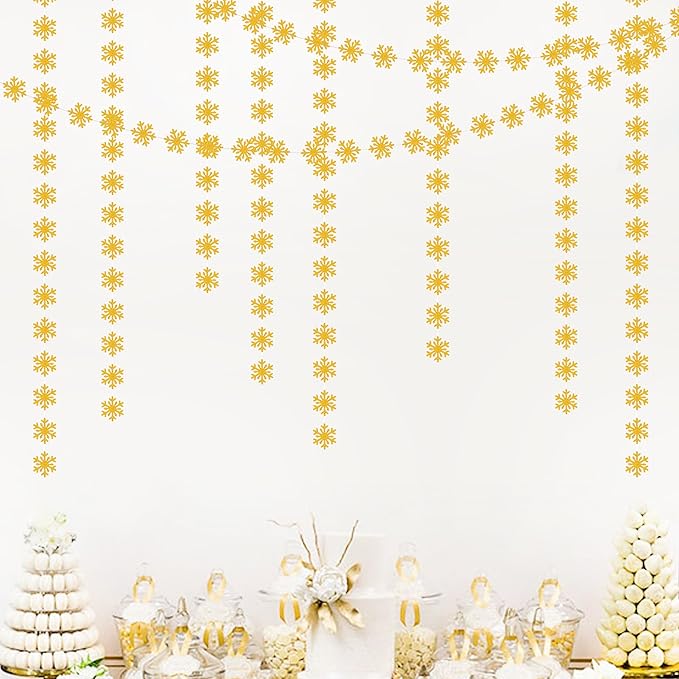 Snowflake-Snow Gold Christmas Party-Decoration Garland - 52ft Winter Wonderland Frozen Ornaments Hanging Paper Streamers,New Years Birthday Baby Shower Bachelorette Wedding Ceiling Decor Hugfond