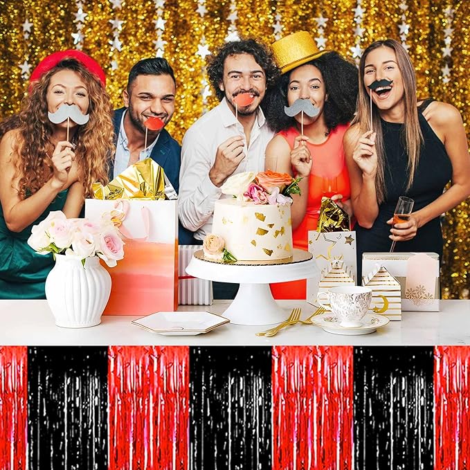 3 Pack 29 x108 Inch Black and Red Foil Fringe Table Skirts Metallic Banner for Tinsel Streamer Garland Backdrop for Parade Floats Mother's Day, Graduate, Birthday, Wedding Party Decoration