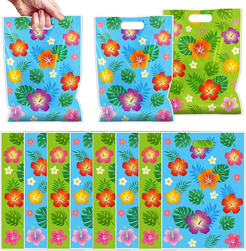 Aposwow Hawaiian Luau Party Favor Bags - 50 Pcs Hibiscus Flower Goodie Candy Gifts Bags Tropical Plastic Treat Favor Supplies Summer Moana Decorations For Hawaiian Luau Party