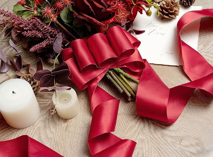 Red Satin Ribbon Double-Faced Wired Ribbons for Gift Wrapping Flower Bouquet Bows Wedding Invitation Christmas Decor Crafts 2-1/2 Inch 10 Yards
