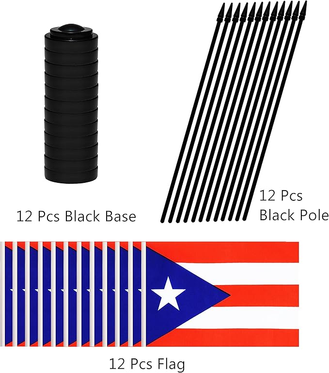 12 Pack Puerto Rico Desk Flags Set, Puerto Rican Small Mini Table Office Flags with 12" Solid Black Pole, 8.2 x 5.5 Inches, Home and Office Decoration, Festival Celebrations