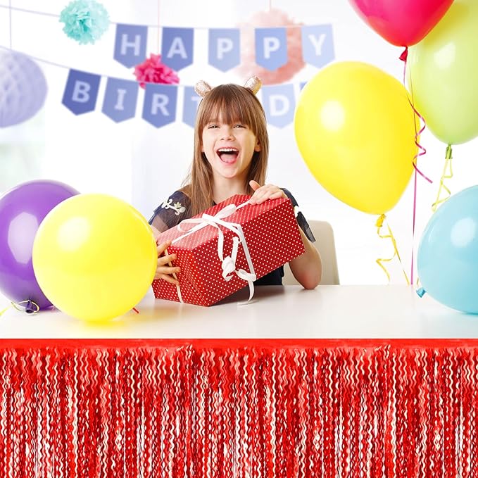 6 Pack 29 x108 Inch Red Wave Foil Fringe Table Skirts Metallic Banner for Tinsel Streamer Garland Backdrop for Parade Floats, Mother's Day, Easter, Wedding, Birthday Party Decoration
