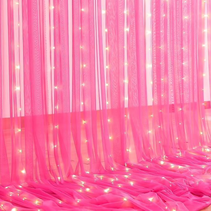 Hot Pink Tulle Backdrop Curtain with Lights String for Parties 30x8ft Fuchsia Sheer Backdrop Curtains for Weddings Birthday Party Baby Shower Photo Shoot Background Decorations(6 Panels 5ft×8ft)