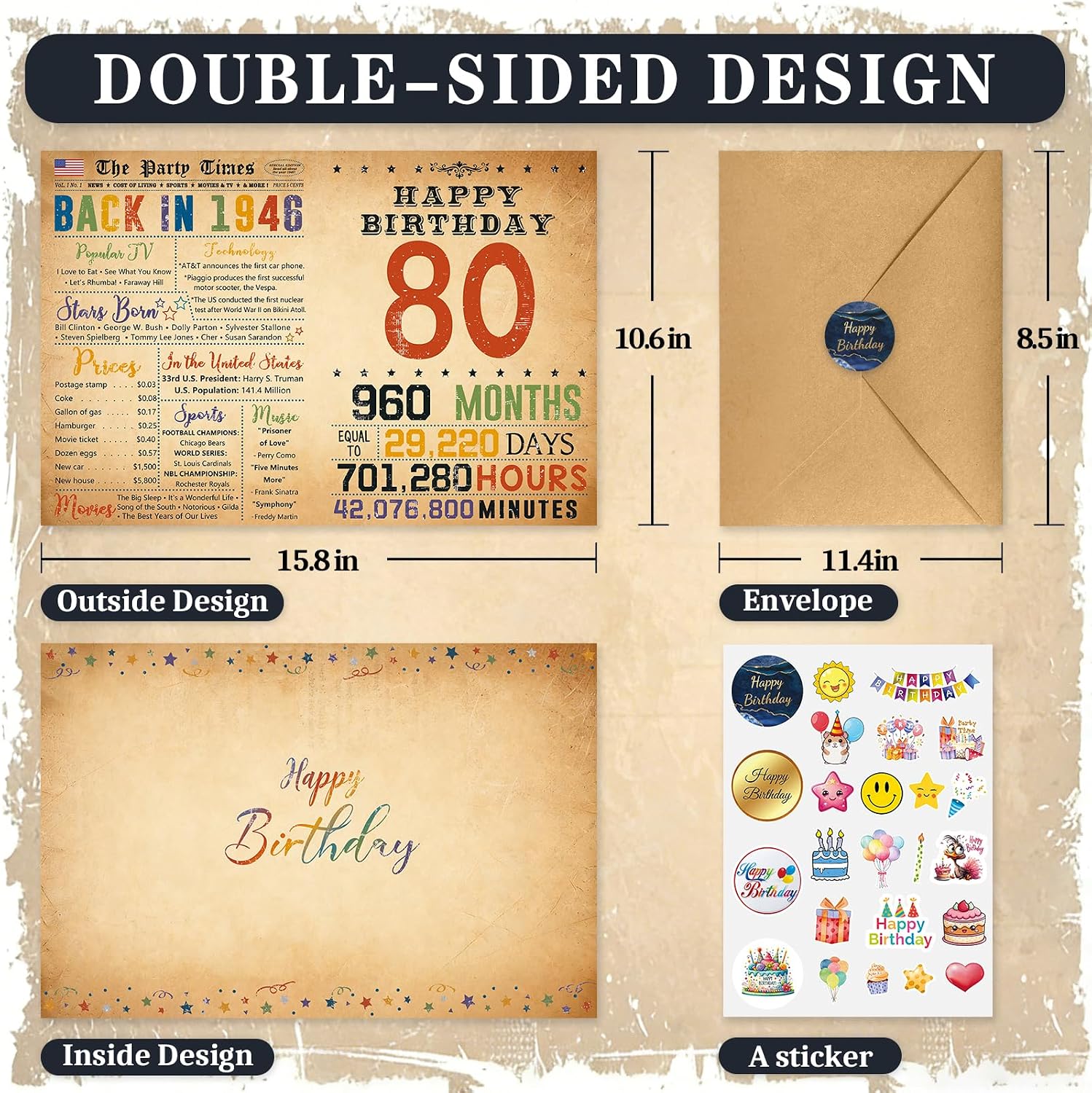 80th Birthday Card Gifts for Women Men, Happy 80th Birthday Decorations for Grandpa Grandma, 80 Year Old Birthday Gift, Back In 1946