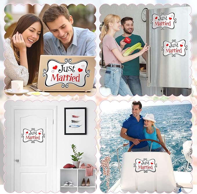 2 Pcs Large Just Married Car Decorations Just Married Car Magnets Sign Decoration 13.9 x 8.8 Inch Honeymoon Rear Tailgate Magnet Stickers for Wedding Door Panel Refrigerator(Black and Red)