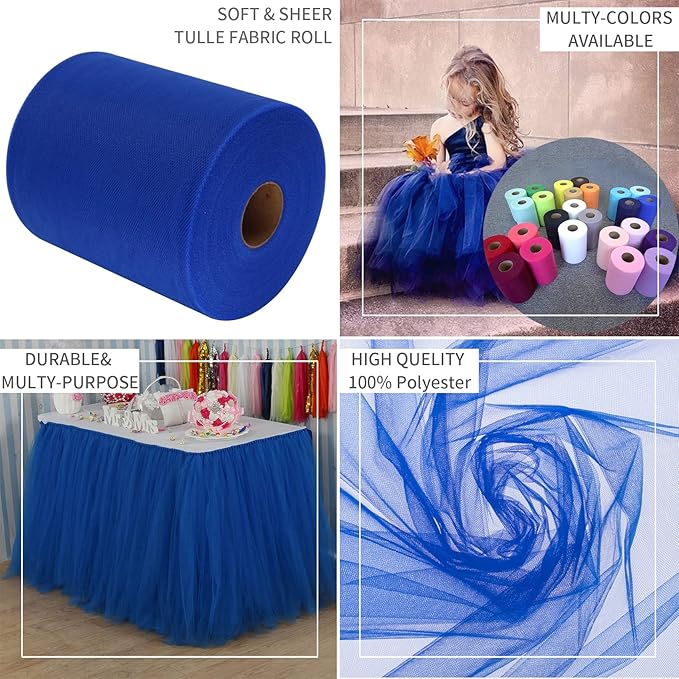 Royal Blue Tulle Fabric Rolls 6 Inch by 200 Yards (600 feet) Fabric Spool Tulle Ribbon for DIY Royal Blue Tutu Bow Baby Shower Birthday Party Wedding Decorations Craft Supplies