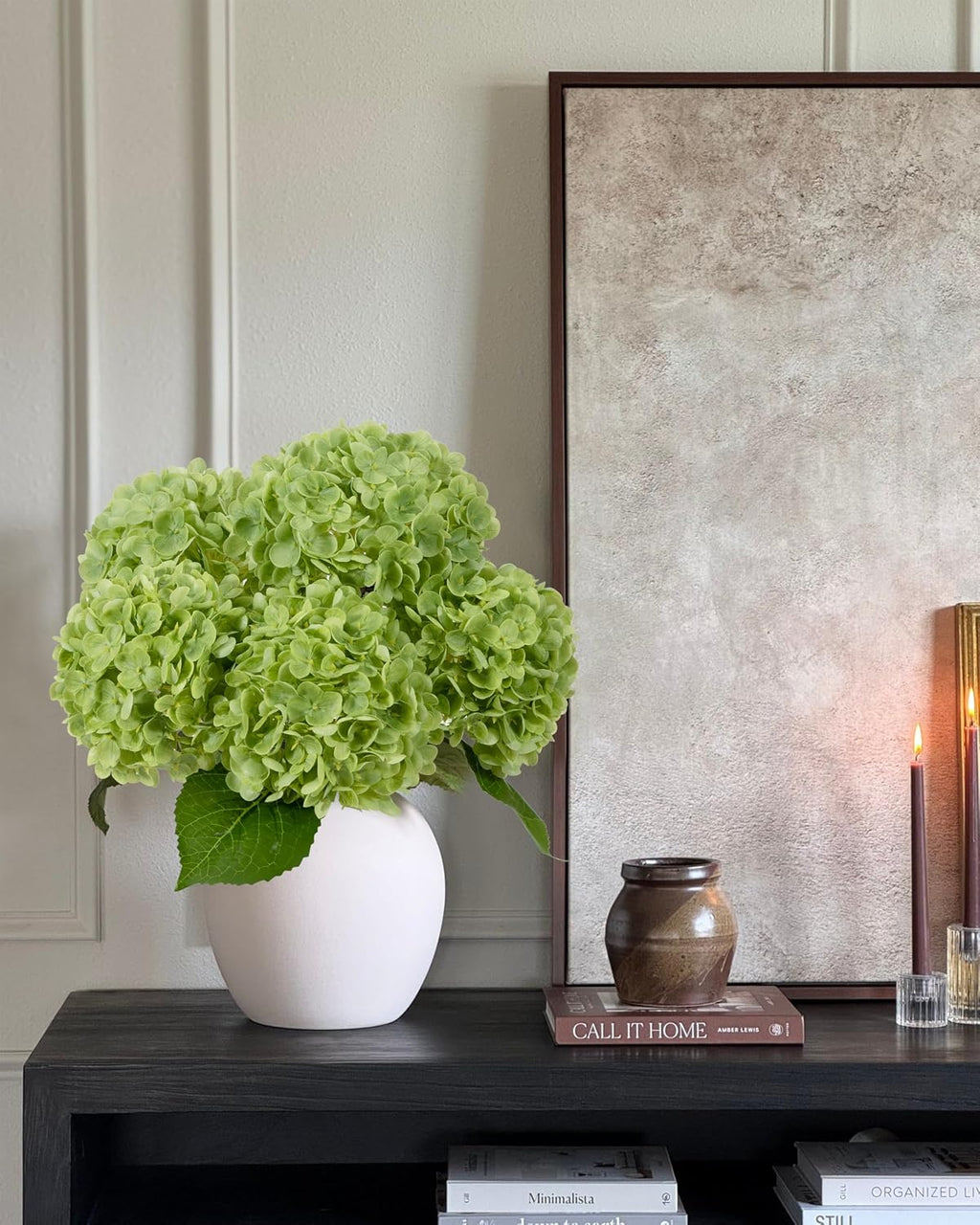 duhouse green artificial hydrangea flowers, 4pcs real touch, side view