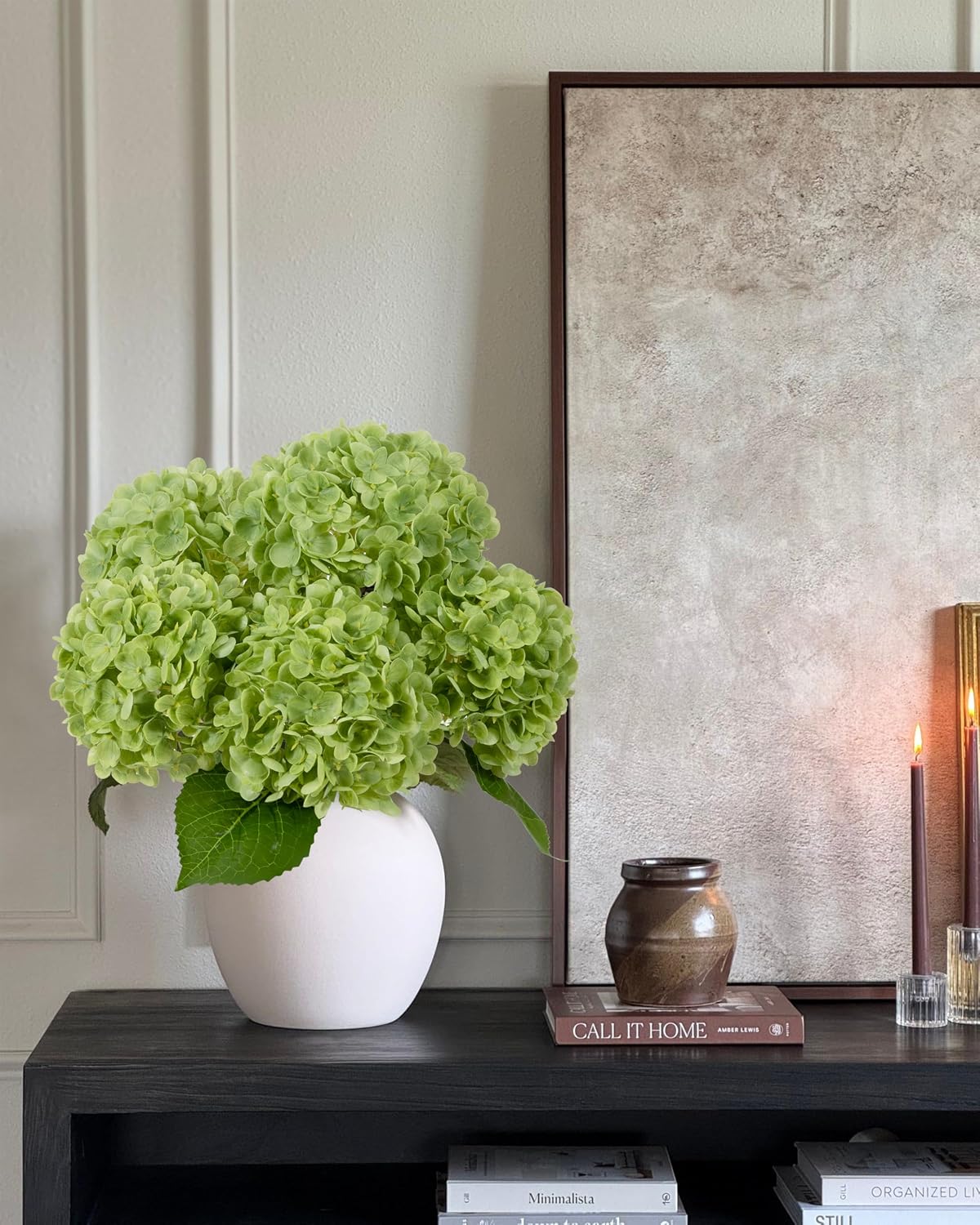 duhouse green artificial hydrangea flowers, 4pcs real touch, side view