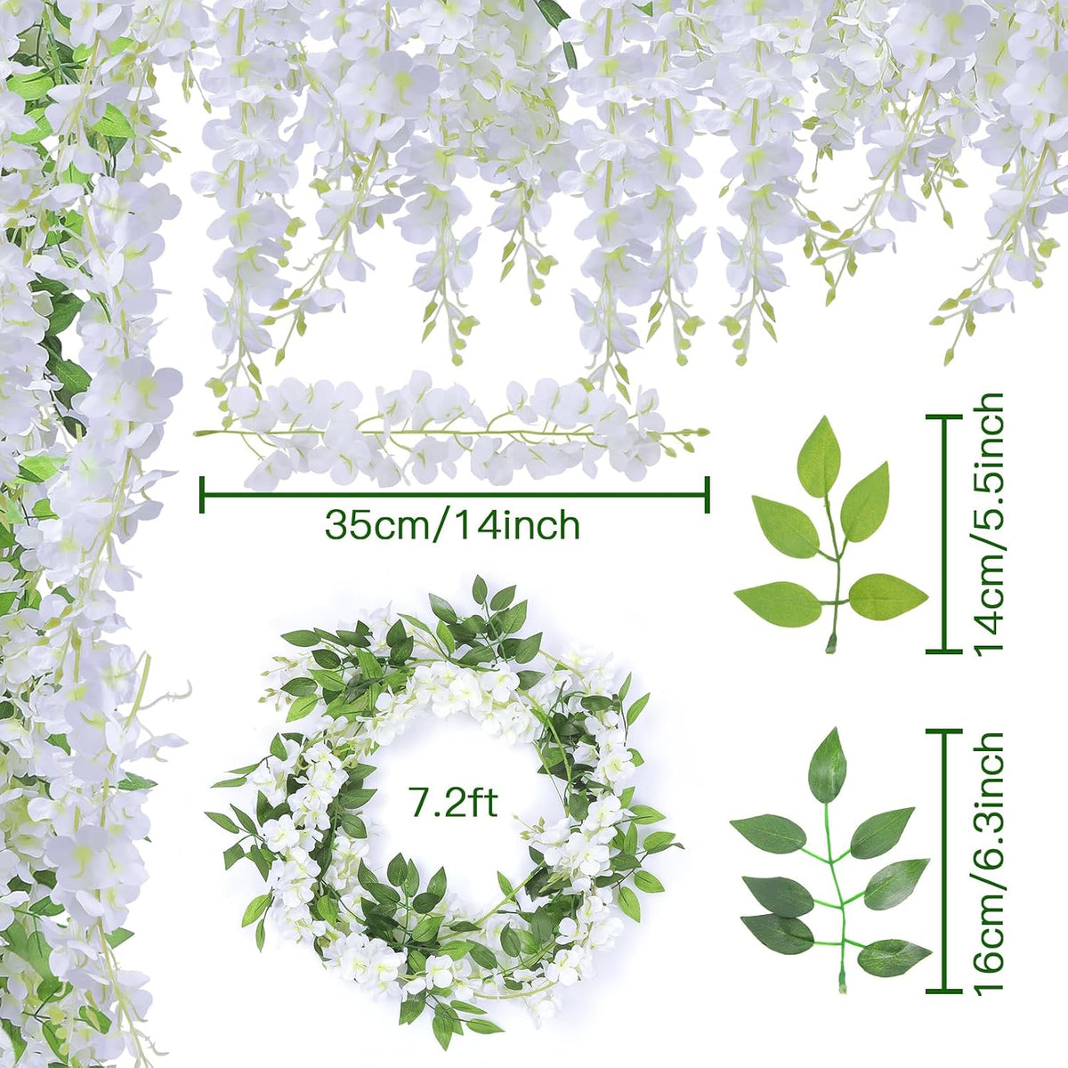 u'artlines 20pcs 7.2 ft/piece artificial wisteria garland white, close-up detail