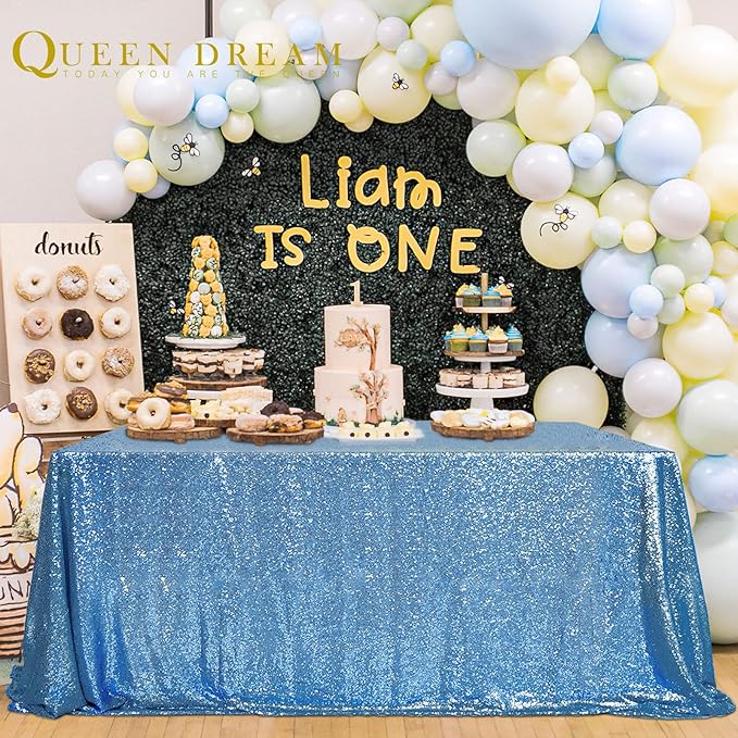 QueenDream Baby Blue Sequin Tablecloth 90x132 Inch Baby Shower Tablecloth Glitter Table Cloth for Wedding Party Decor