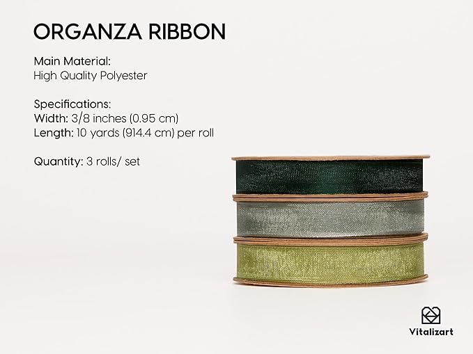 Vitalizart 3/8" x 30Yd Organza Ribbon Green Sheer Ribbons Set 10 Yd x 3 Rolls Drak Green Sage Handmade Eco-Friendly for Gift Wrapping Christmas Tree Crafts Bows Wedding Invitations Wreaths Wrap