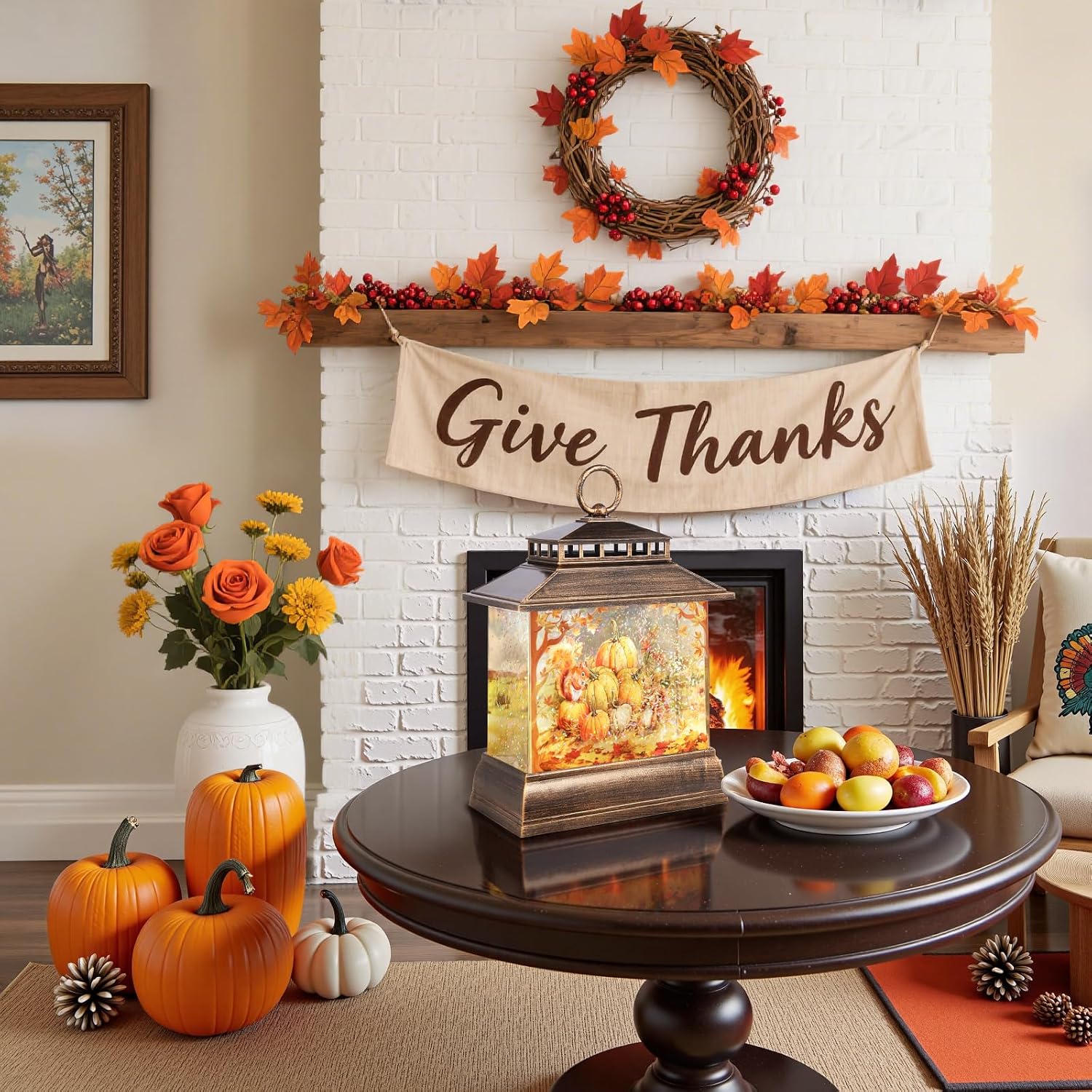 Fall Snow Globe Lantern Thanksgiving Pumpkins and Squirrels Water Lantern with Swirling Glitter 6H Timer Remote Control Fall Decorations for Home Thanksgiving Autumn Harvest (Pumpkin and Squirrel)