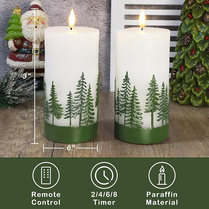 Silverstro Holiday Flameless Candles Green Hand Drawn Christmas Tree Design with Remote Control, Flickering Real Wax Christmas LED Candles - Home Party Bathroom Room Xmas Decorations - Set of 2
