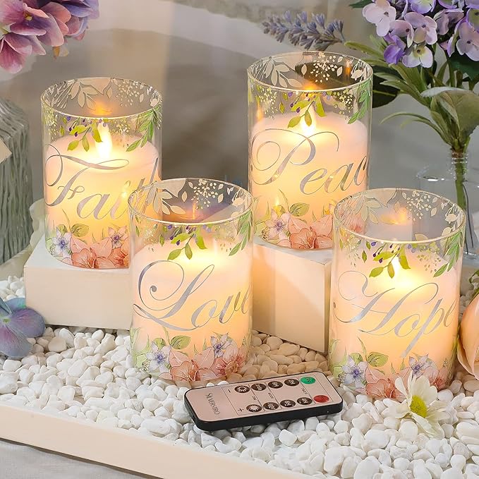 Silverstro Christmas Flameless Candles Glass Flickering Real Wax Floral LED Candles with Remote - Home Party Room Botanical Holiday Decor Set of 4