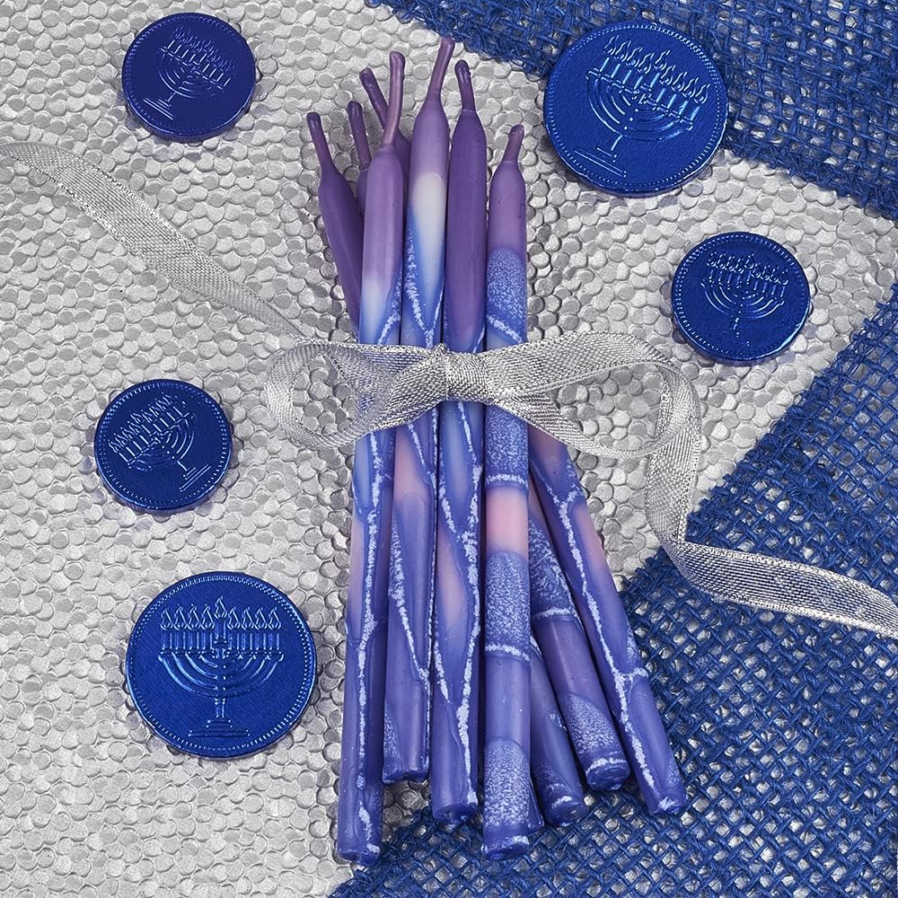 Girls Puprle & Pink Hanukkah Candles Set of 45 Multi-Hued Frosted Thin Tapered Chanukah Candles 1 Hour for Hanukah with DIY Dreidel & Candle Lighting Blessings