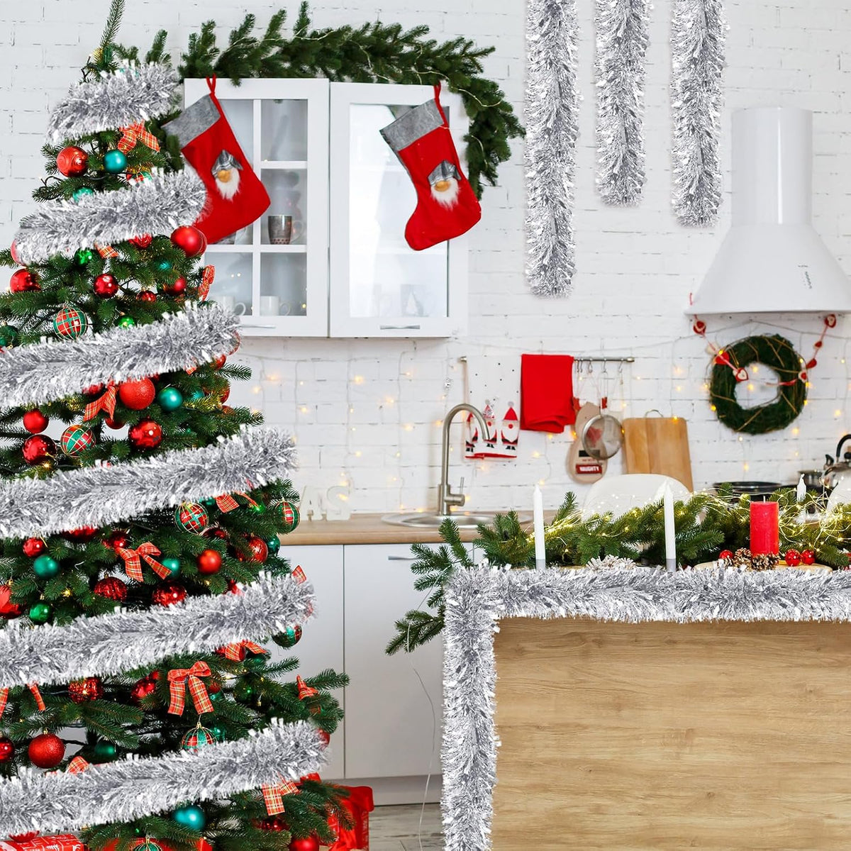 ceenna 150 feet christmas tinsel garland metallic twist, close-up detail