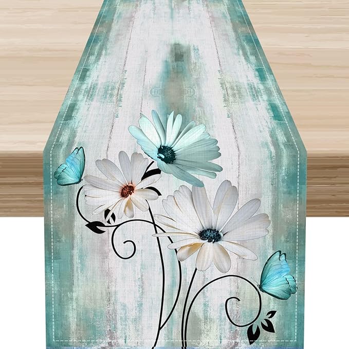 Farmhouse Table Runner, Rustic Wood Plank Spring Daisy Flower Retro Wooden Country Table Center Decor for Home Kitchen Dining Patio Holiday Party Indoor Outdoor Table Decorations, 13"x108" Inch