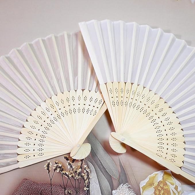Personalized Engraved White Silk Fans Folding Hand Fans, Summer Wedding Fans, Custom Silk-Bamboo Fans Wedding Party Favor Bridal Shower Gifts (5 Pieces)
