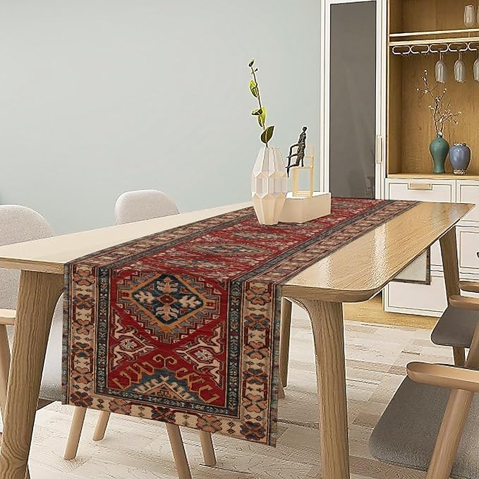 Boho Floral Vintage Table Runner, Red Grey Retro Flower Rustic Country Farmhouse Abstract Pattern for Home Kitchen Table Decor Dining Coffee Room Party Decor 13x72in