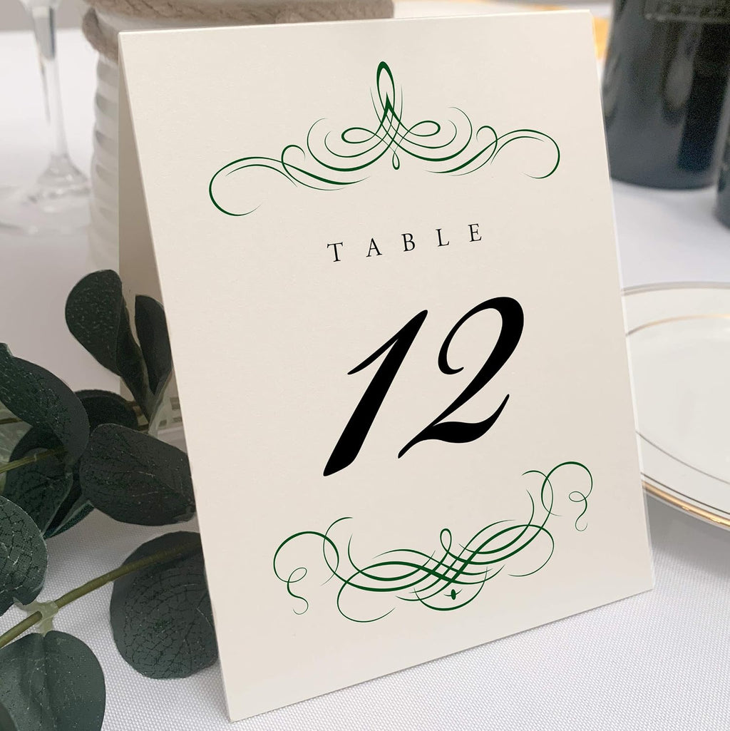 Decadent Flourish Table Numbers, Hunter Green, 1-150 | Double Sided Tent or For Use in a Stand - Wedding Receptions, Special Events, Parties, and Restaurants - Made in the USA