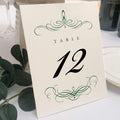 Decadent Flourish Table Numbers, Hunter Green, 1-150 | Double Sided Tent or For Use in a Stand - Wedding Receptions, Special Events, Parties, and Restaurants - Made in the USA