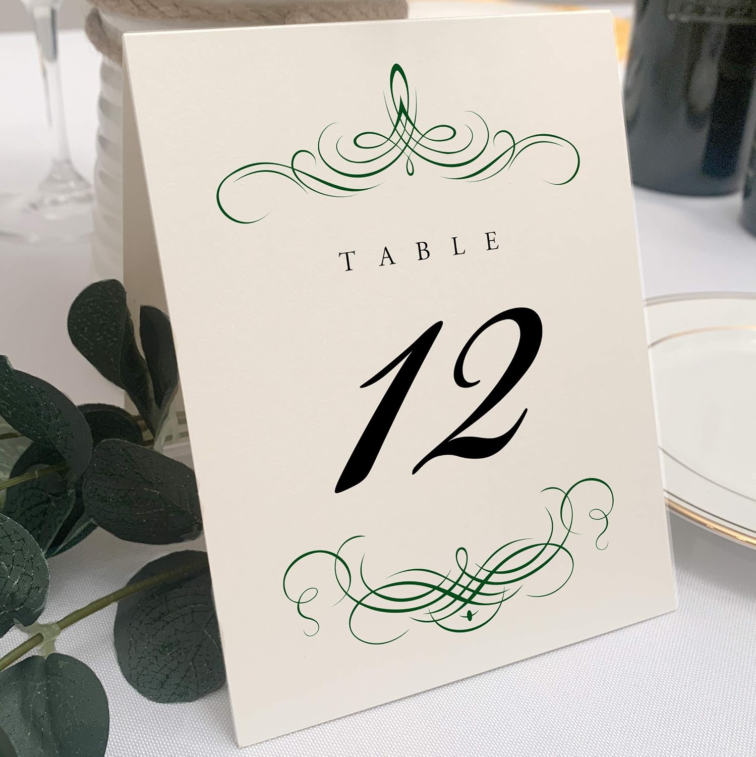 Decadent Flourish Table Numbers, Hunter Green, 1-150 | Double Sided Tent or For Use in a Stand - Wedding Receptions, Special Events, Parties, and Restaurants - Made in the USA