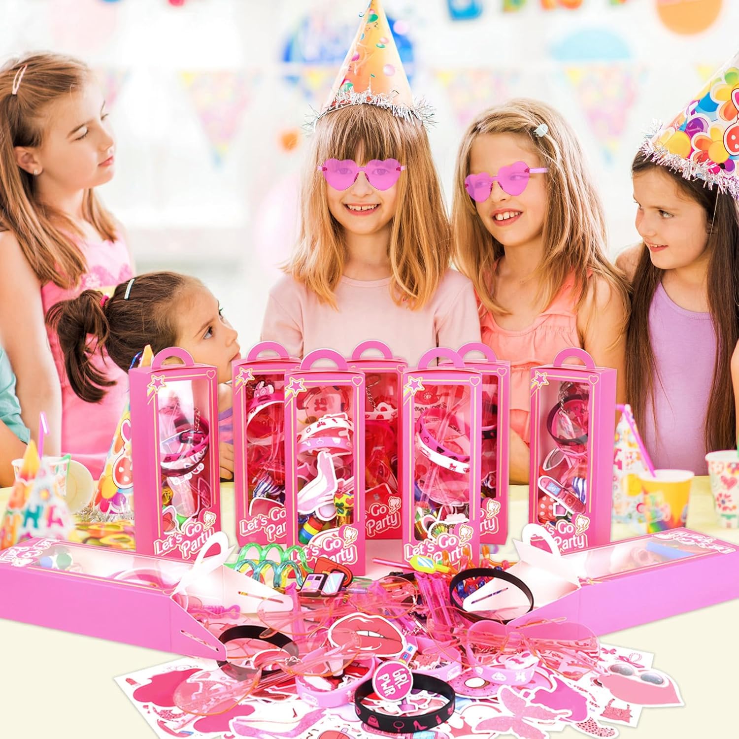 184Pcs Pink Girls Party Favors Pack - For 12Guests, Includ Goodie Box Heart Glasses Straws Bubble Wands Tattoo Sticker Bracelet Keychain, for Kids Girls Birthday Party Decoration Supplies
