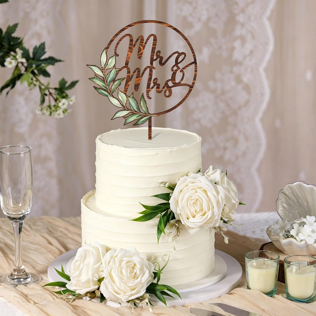 Mr & Mrs Cake Topper Greeny Wedding Cake Topper in Wood (Walnut Texture)
