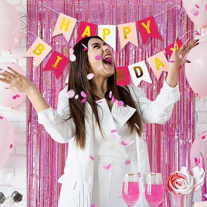 2 Pack Pink Door Streamers Backdrop Glitter Tinsel Curtains Backdrop Pink Fringe Streamers Valentines Bachelorette Holiday Celebrations Birthday Party Decorations for Women