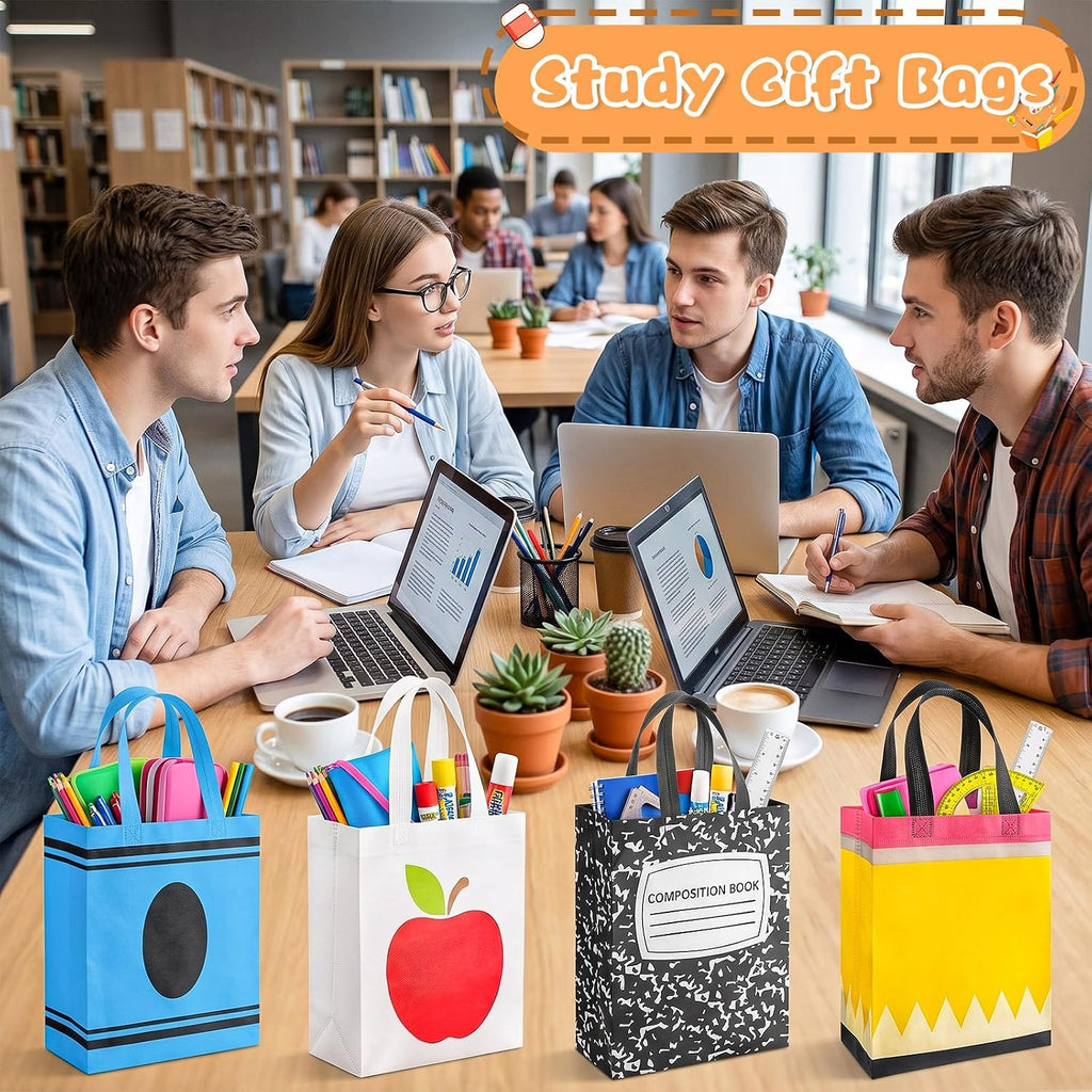 Sweetude 60 Pcs Back to School Gift Bags with Handles, 12.6 x 9.84 x 4.33 Inch Reusable Teacher Appreciation Tote Bags, Non Woven for First Day of School Party Favors Classroom Teacher Student Gifts