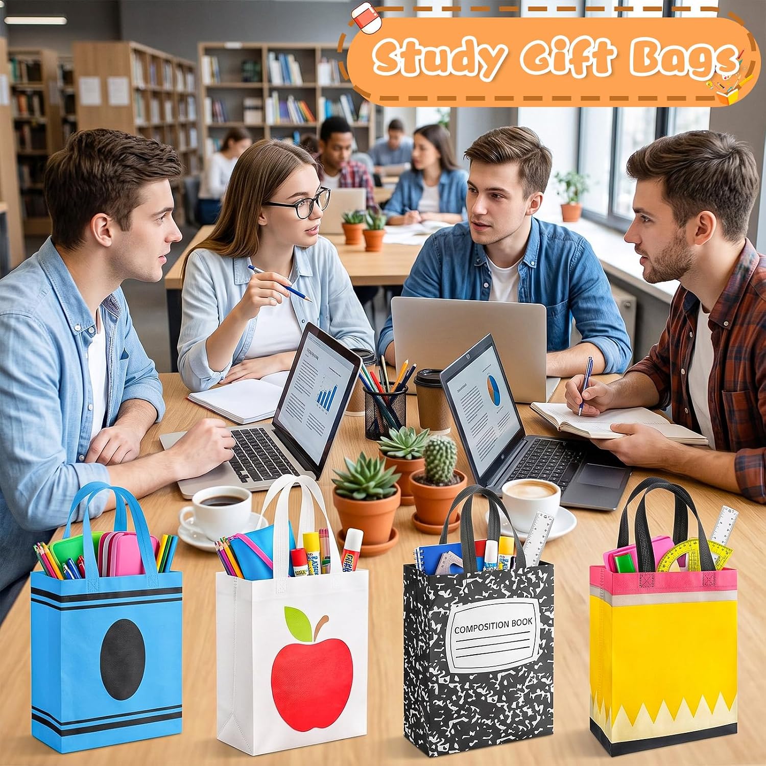 Sweetude 60 Pcs Back to School Gift Bags with Handles, 12.6 x 9.84 x 4.33 Inch Reusable Teacher Appreciation Tote Bags, Non Woven for First Day of School Party Favors Classroom Teacher Student Gifts