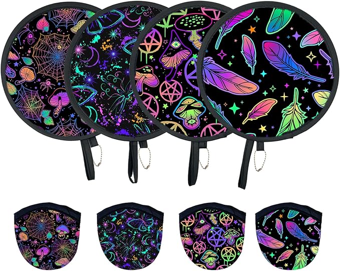 4Pcs Rave Round Foldable Hand Fan Japanese Foldable Fan Style Handheld Compact Cooling Fans,Round Folding Fan for Outdoor Games,Xmas Decoration,Festival,Party Favors,Travel,Events