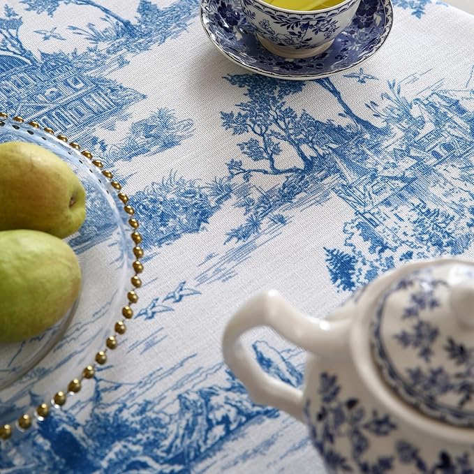 patdrea Designer Cyan Tablecloth for Round Table,Vintage Linen Ancient Castle and Manor Pattern Tablecloths,Table Cover Decor for Kitchen Dining Christmas,Thanksgiving,Diameter 67"-Lucerne a