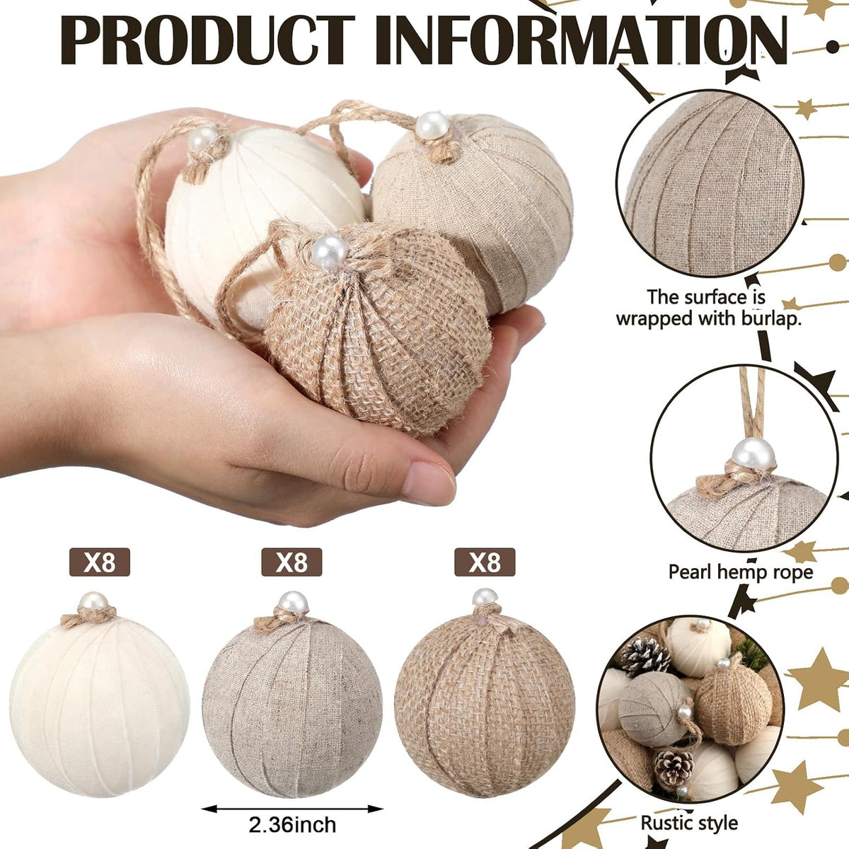 syhood 24 pcs burlap christmas ornaments 2.36 inch, close-up detail