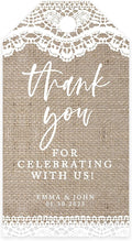 Andaz Press 100-Pack Personalized Thank You Tags with Bakers Twine Burlap Lace Custom Cardstock Wedding Gift Tags for Wedding Party Favors 2 x 3.75-Inches