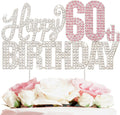 Happy 60th Birthday Pink & Silver Rhinestone Cake Topper - Cheers to 60 Years Old Sixty Bday Metal Sparkly Cake Centerpieces Topper Decorations Sign.