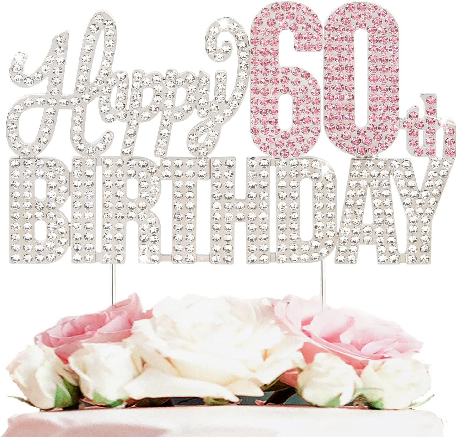 Happy 60th Birthday Pink & Silver Rhinestone Cake Topper - Cheers to 60 Years Old Sixty Bday Metal Sparkly Cake Centerpieces Topper Decorations Sign.