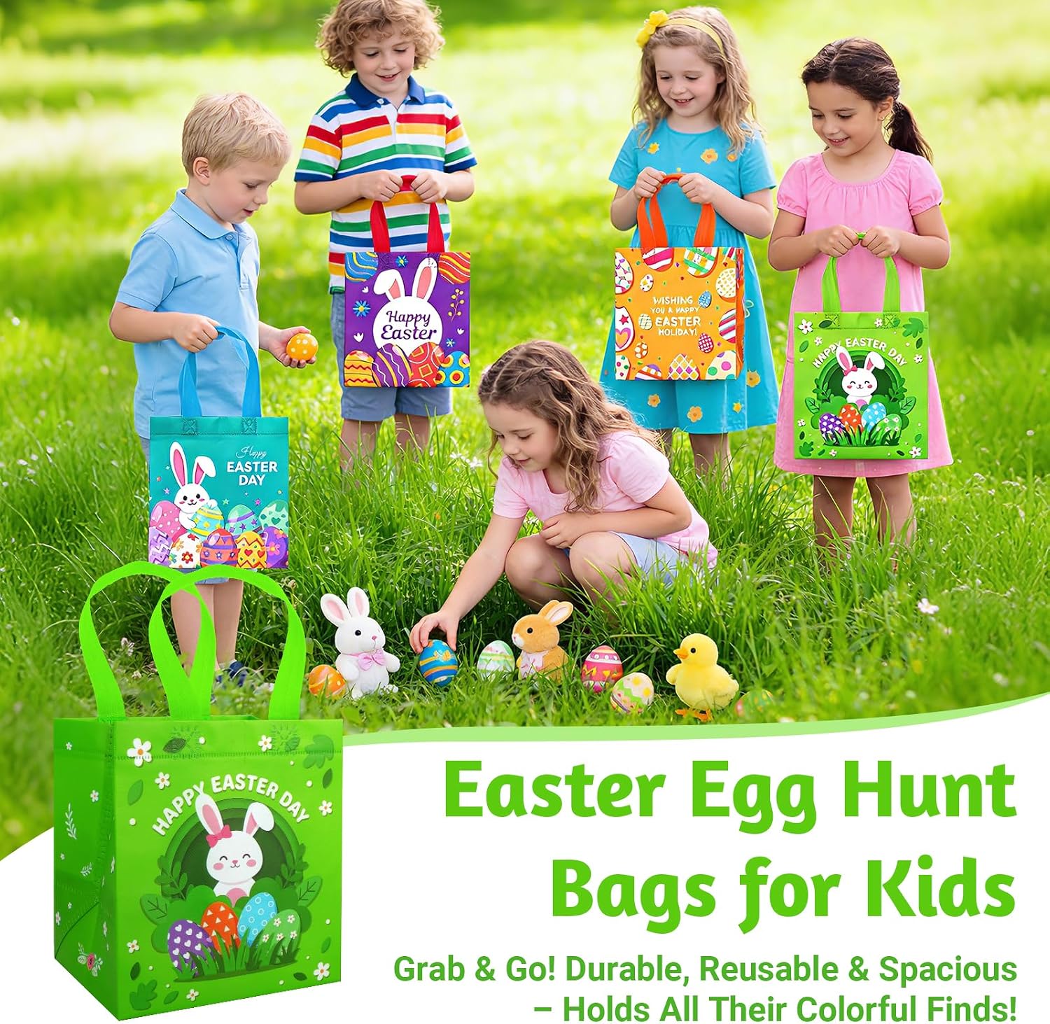 STARSIDE 8 Pack Easter Egg Hunt Bags with Handles for Kids - Reusable Non-Woven Cute Bunny Chick Carrot Tote Bags for Gift Wrapping, Easter Treats, Goodie Bags & Party Favors (7.09x5.91x7.87 Inches)