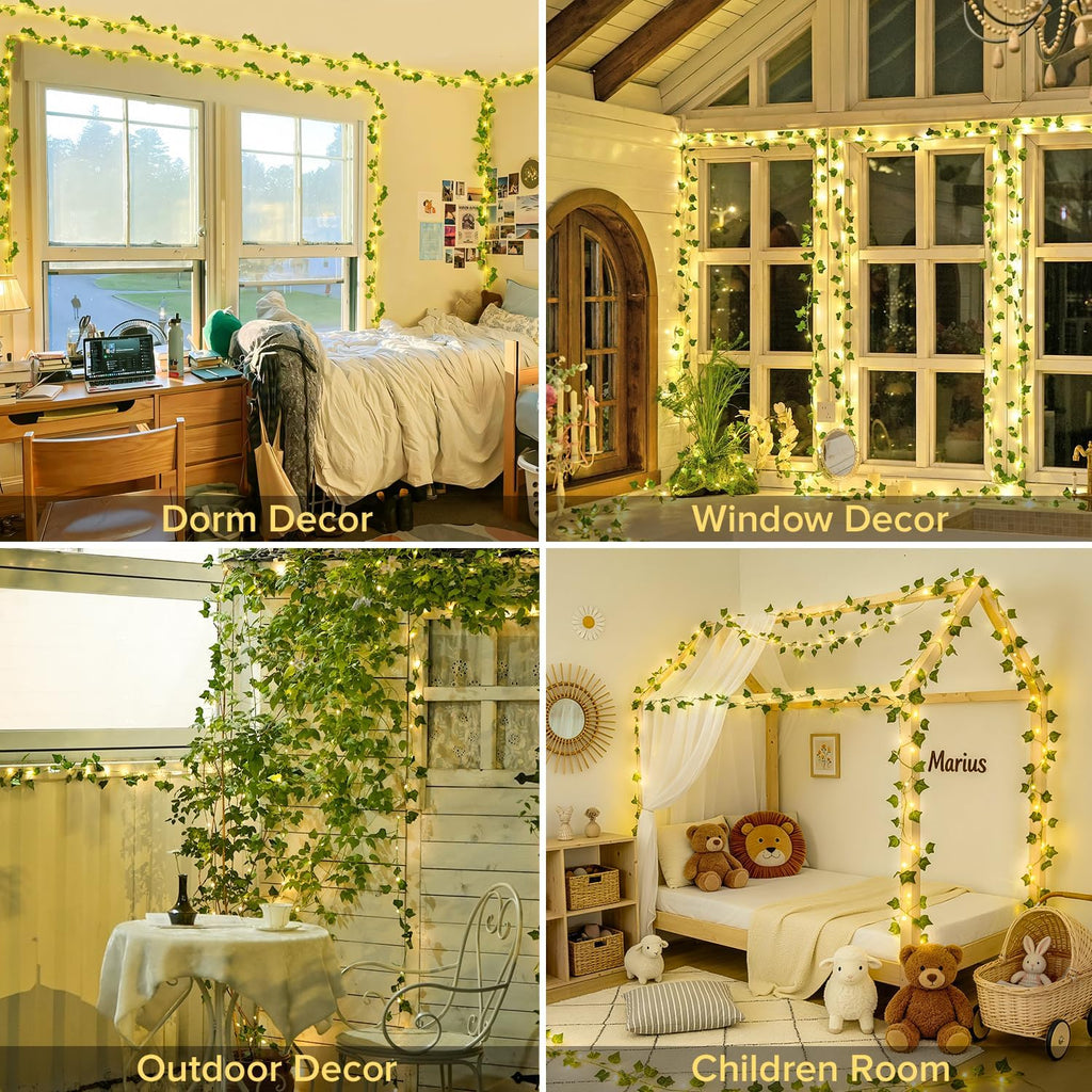 JMEXSUSS 33Ft Vines with Lights Battery Operated, 100 LED Ivy Vines with Fairy Lights Leaf with Remote for Bedroom Wall Classroom Dorm Wedding Birthday Party Decor(Warm White)