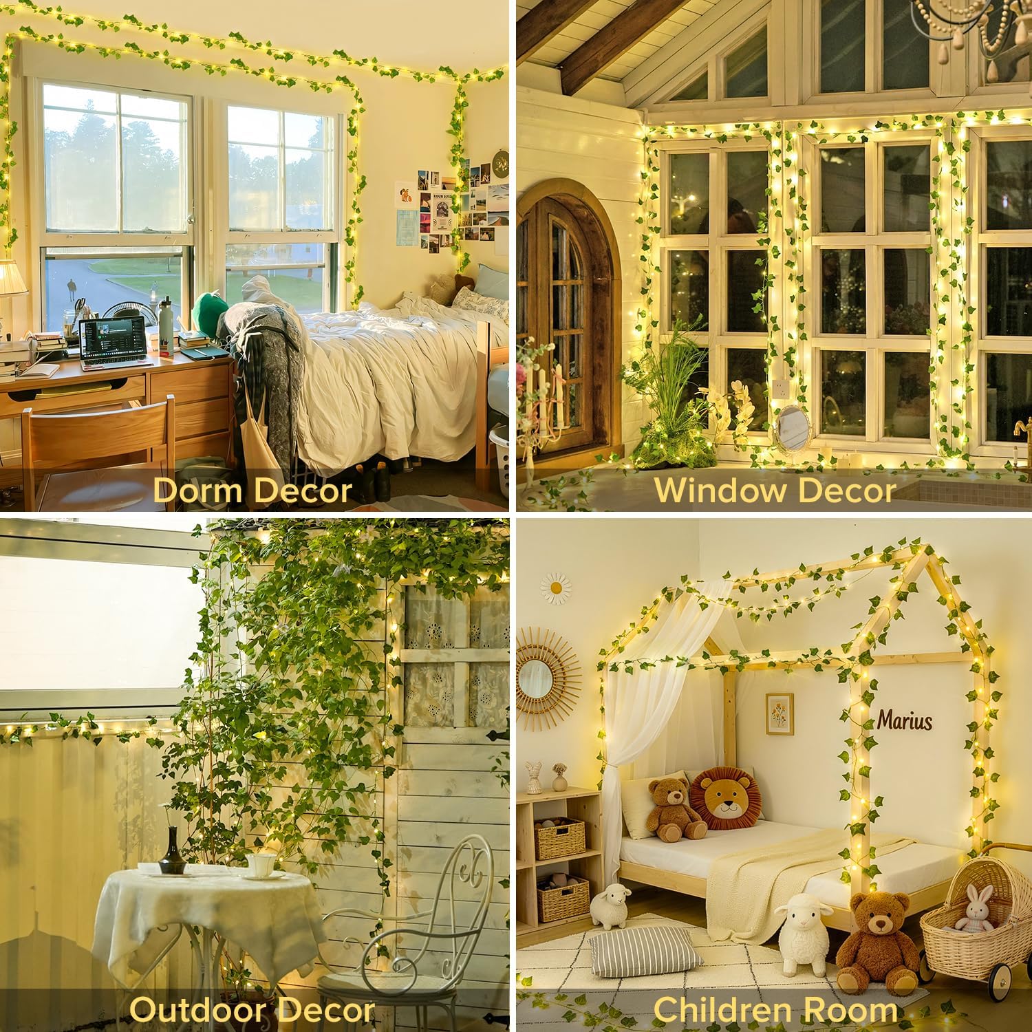 JMEXSUSS 33Ft Vines with Lights Battery Operated, 100 LED Ivy Vines with Fairy Lights Leaf with Remote for Bedroom Wall Classroom Dorm Wedding Birthday Party Decor(Warm White)