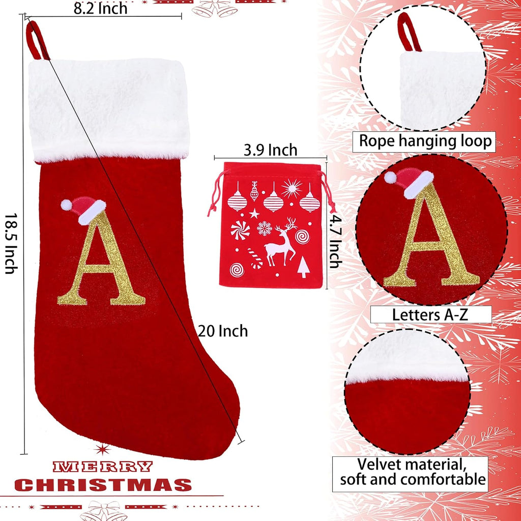 20 Inches Monogram Christmas Stockings with Letters Large Super Soft Christmas Stockings, Red Velvet with White Plush Cuff Embroidered Xmas Stocking for Christmas Family Decor Letter A