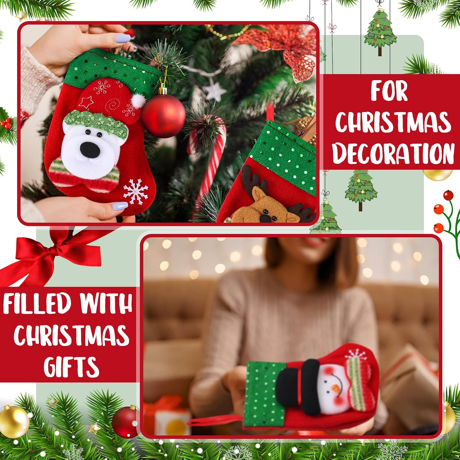 Shappy 12 Pcs Mini Christmas Stockings Bulk 7" Small Felt Christmas Stockings Snowman Polar Bear Santa Claus Reindeer, Candy for Xmas Tree Fireplace Family Pet Party Favors Gift(Green,Sequins)