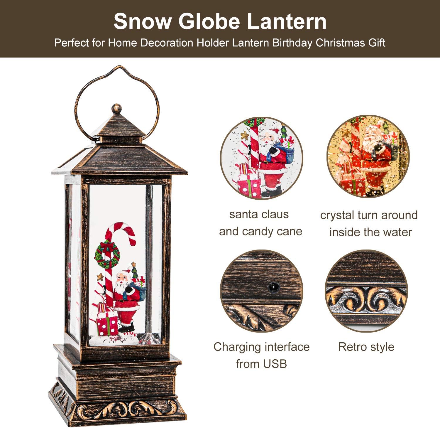 Christmas Musical Snow Globe Lantern, 12 Inch Spinning Glittering Lantern with 6 Hours Timer, USB Powered & Battery Operated for Christmas Decorations (Santa Claus and Candy Cane)