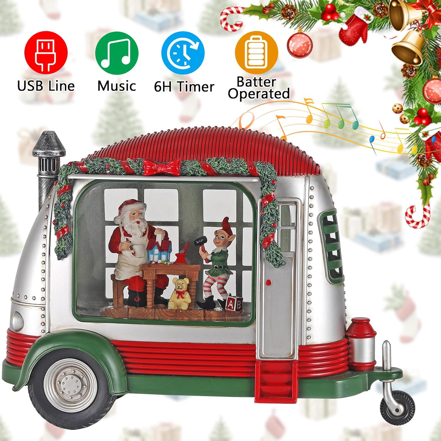 Christmas Snow Globe, RV Santa Claus Gift Room Scene Snow Globe, Glittering Lantern with Timer, Snow Globe Lantern USB or Battery Powered for Desktop Ornament, Christmas Decoration and Gifts