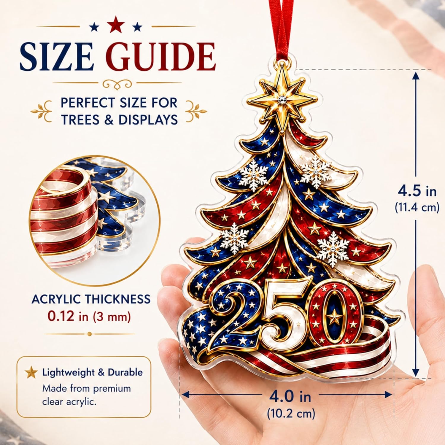 250 Anniversary USA Ornament, 1776-2026 2D Acrylic 250th Merchandise, USA America Anniversary Christmas Ornament, Fourth of July Decorations, Patriotic Decor, American Birthday Gifts