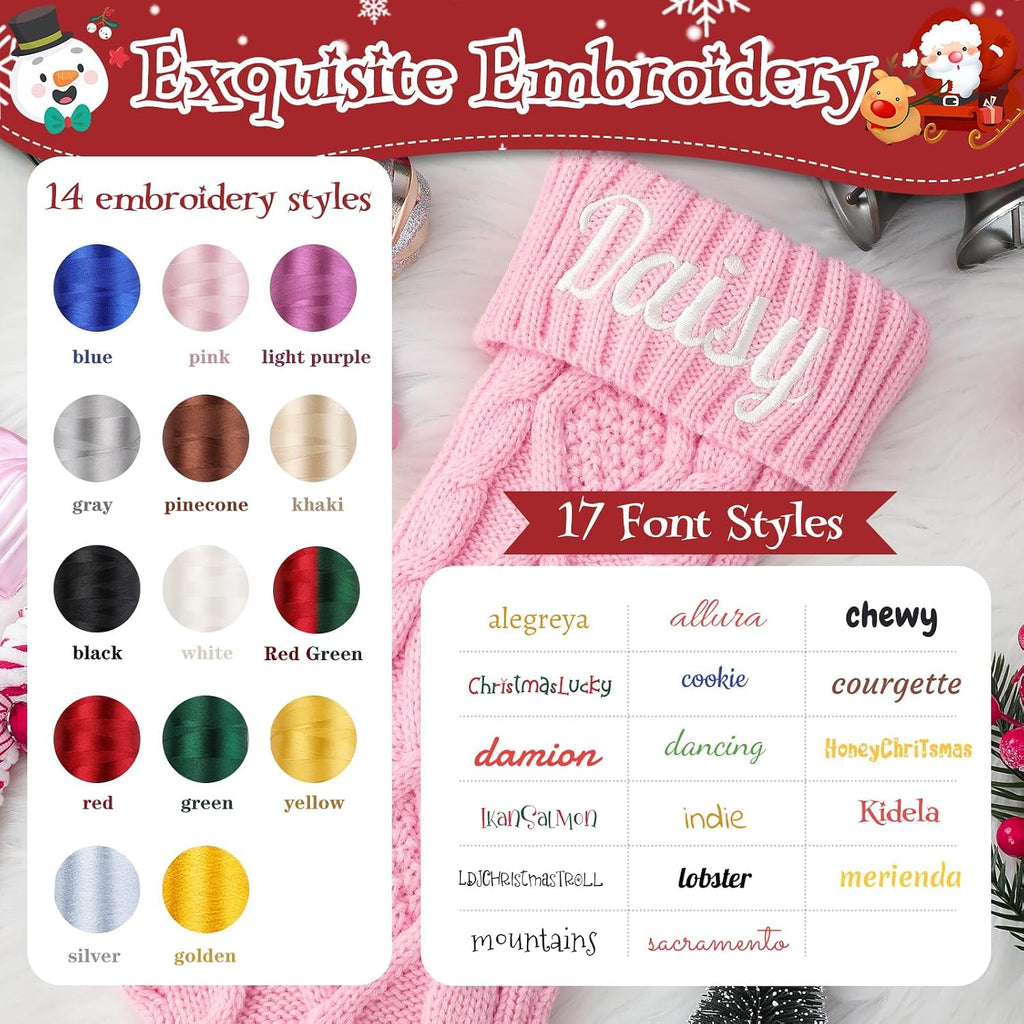 Personalized Christmas Stockings with Christmas Cards,Custom Embroidered Name Pink Christmas Stocking for Baby Kids Girl Family,18" Large Cable Knit Xmas Stockings for Fireplace